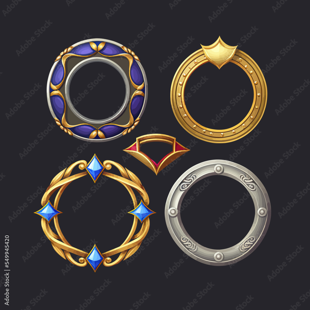 Empty circle silver and gold frames in medieval style for game ui ...