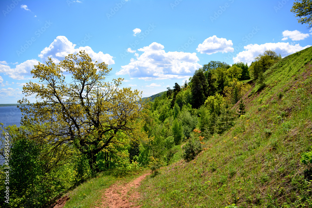 hiking trail in mountains in sunny day with blue sky and white clouds on background hiking trail in mountains in sunny day with blue sky and white clouds on background