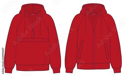 Unisex Hoodie technical fashion illustration. Sweatshirt fashion flat technical drawing template, raglan sleeve, zip-up, pocket, front and back view, red color, women, men, unisex cad mockup set.