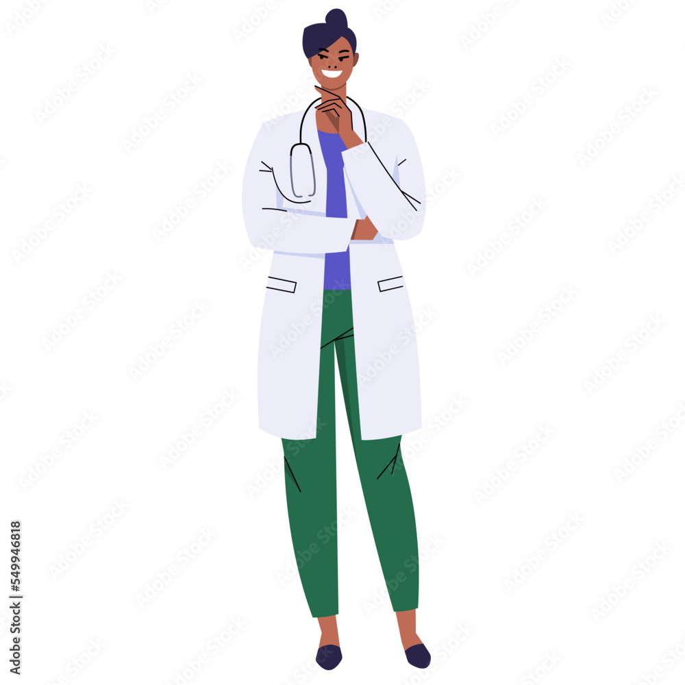 Dark-skinned woman doctor thinks. The doctor dreams, makes plans. The character is isolated on a white background. A woman in a white coat and a stethoscope. Flat Vector. Dark-skinned woman doctor thinks. The doctor dreams, makes plans. The character is isolated on a white background. A woman in a white coat and a stethoscope. Flat Vector.