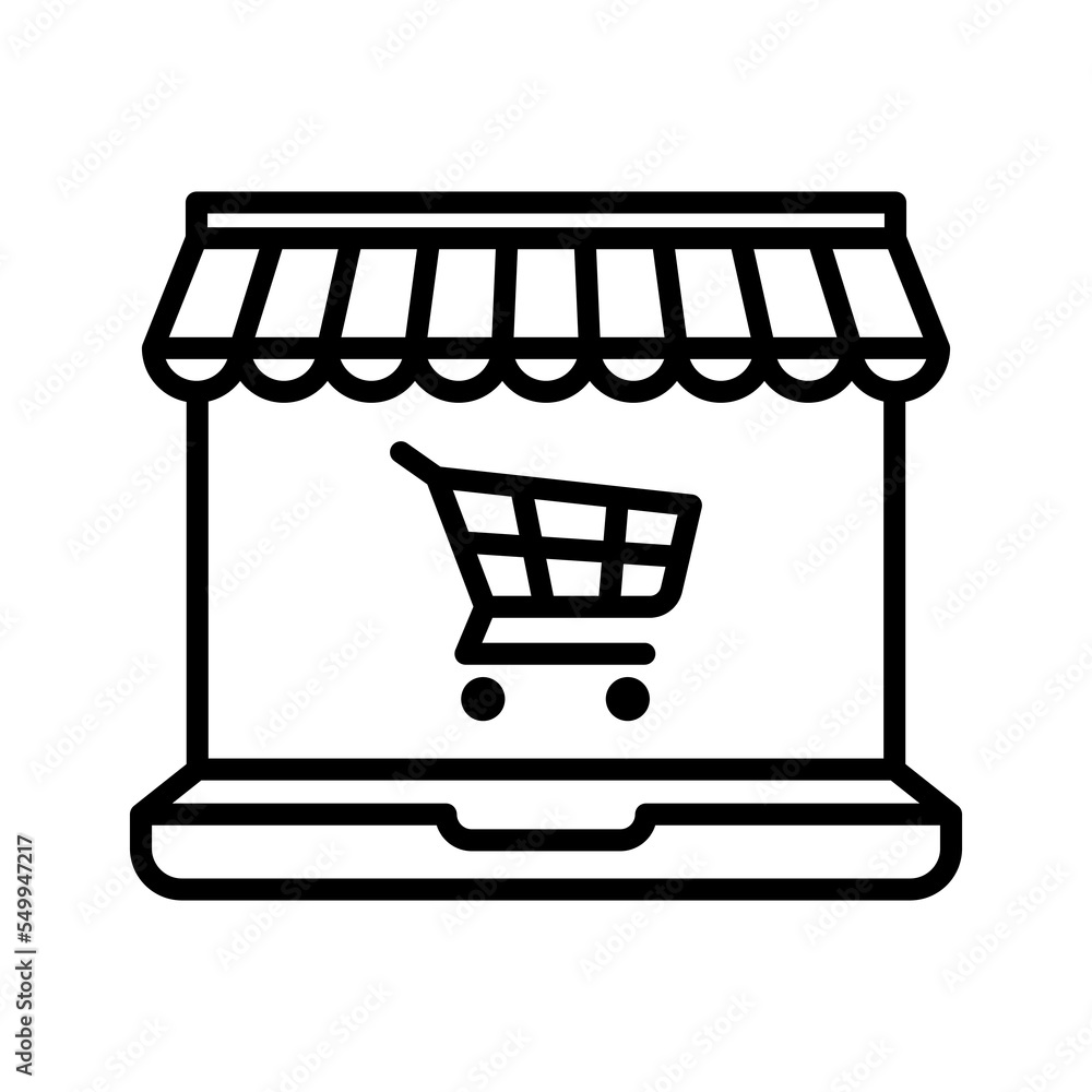 Online store e-commerce. Sale, Laptop with awning. Pictogram isolated on a white background. Online store e-commerce. Sale, Laptop with awning. Pictogram isolated on a white background.