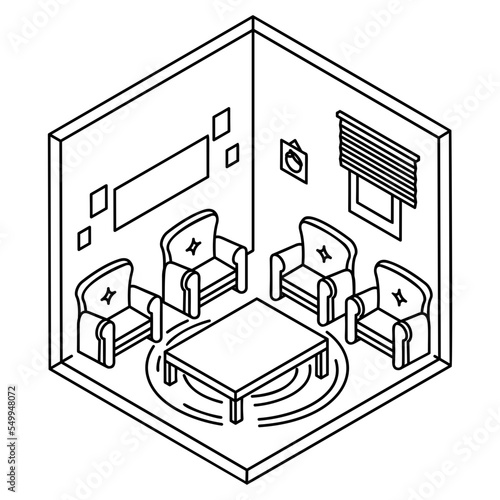 Common Sitting place vector isometric icon design, space saving sketch, Interior Decoration Sign, portable home office room stock illustration, relaxing and socializing Apartment Area Concept