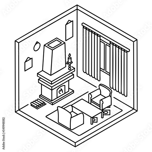 Winterraum or tourist vector outline icon design, space saving sketch, Interior Decoration Sign, portable home office rooms stock illustration, Room With Isometry Fireplace Concept
