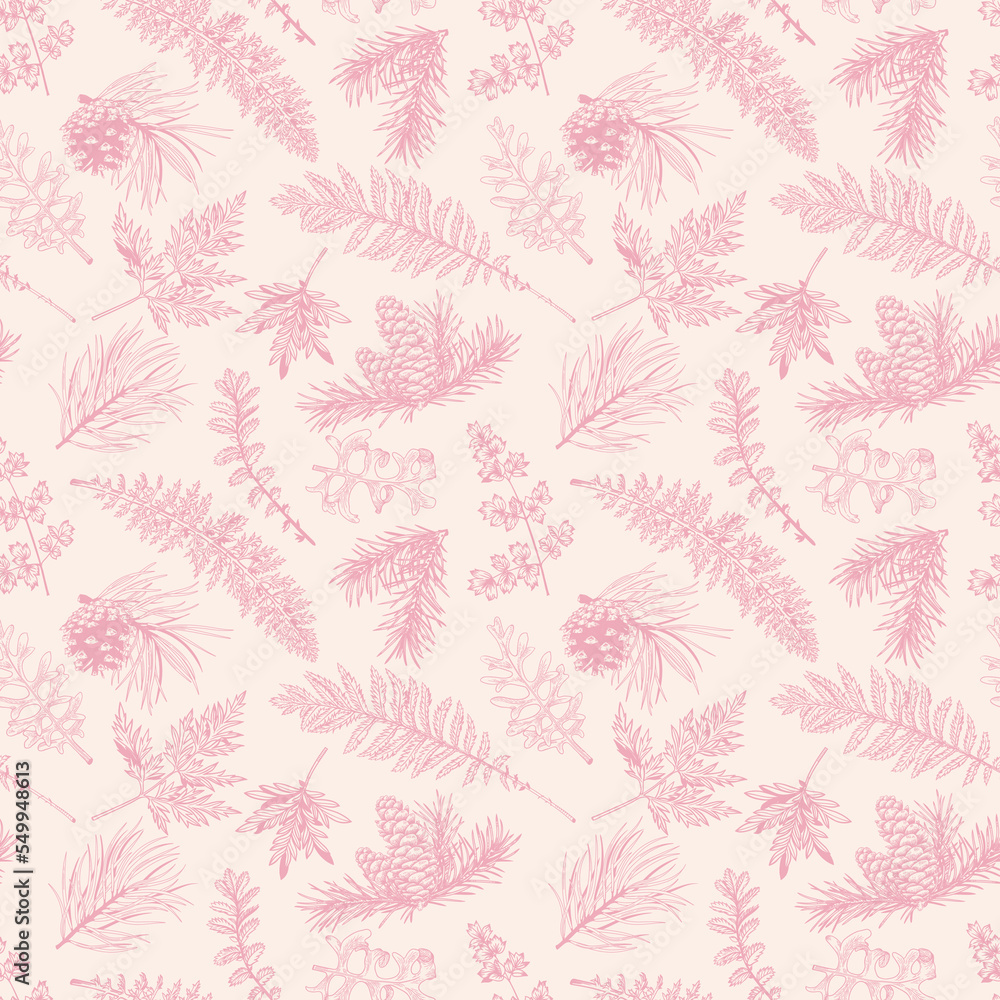 Seamless botanical pattern with fir and pine branches, cones, fern and leaves. Winter Christmas print. Pink ornament for wrapping paper, textiles, wallpaper. Vector sweet illustration