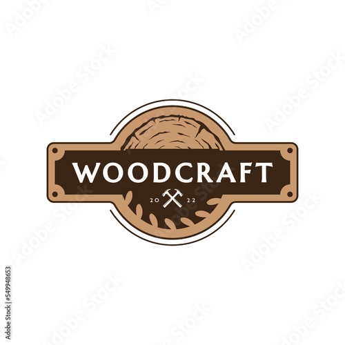 wood craft logo, Wood Tree Trunk Ring and hummer ikon, of wood tree logo vector, isolated, craft logo