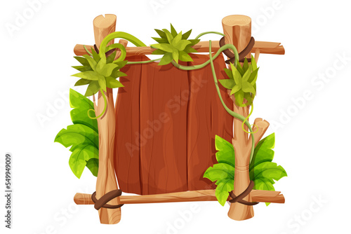 Frame from sticks, wooden planks decorated with grass and liana, jungle leaves in comic cartoon style isolated on white background. Border, jungle panel textured and detailed. Game asset, menu