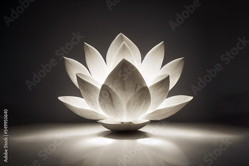 3d rendered digital illustration. Majestic and elegant white marble lotus flower in spotlight on dark background. Can be used for spiritual, meditation, religious background, wallpaper, banner, card.