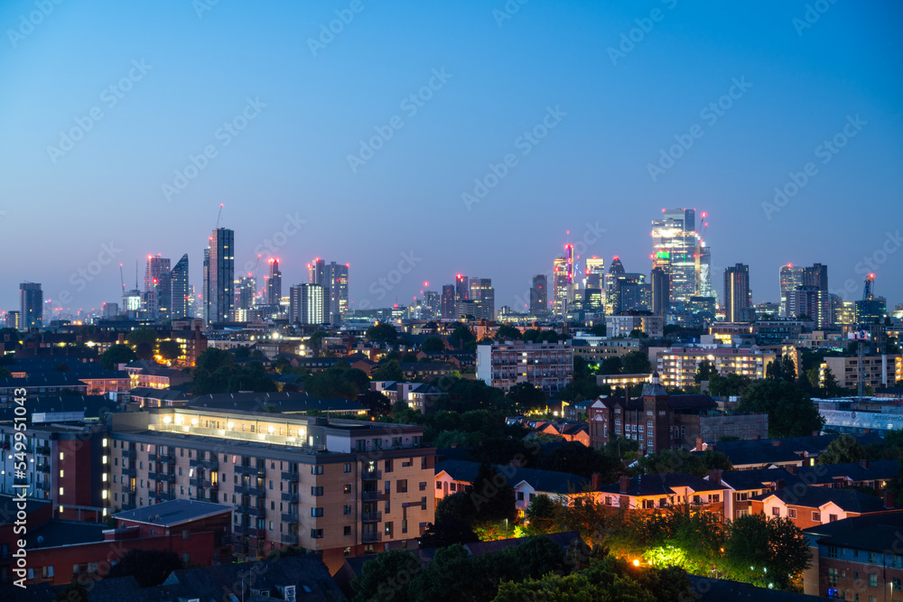 Obraz premium Skyline View Of London Business District, Panoramic View At Night. London, Uk