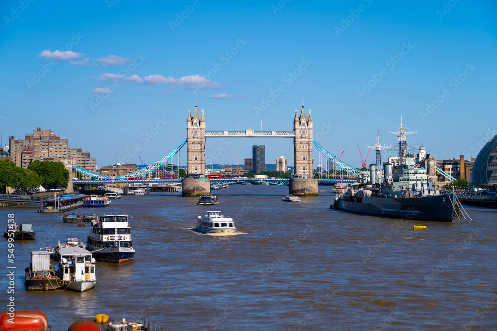 Elevated view of the famous Tower Bridge and skyline of London, UK