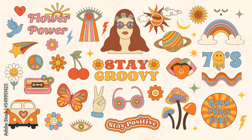 Big set of Vintage Groovy Psychedelic Character elements 70s style. Retro Hippie bundle cartoon symbols. Vector illustration clipart