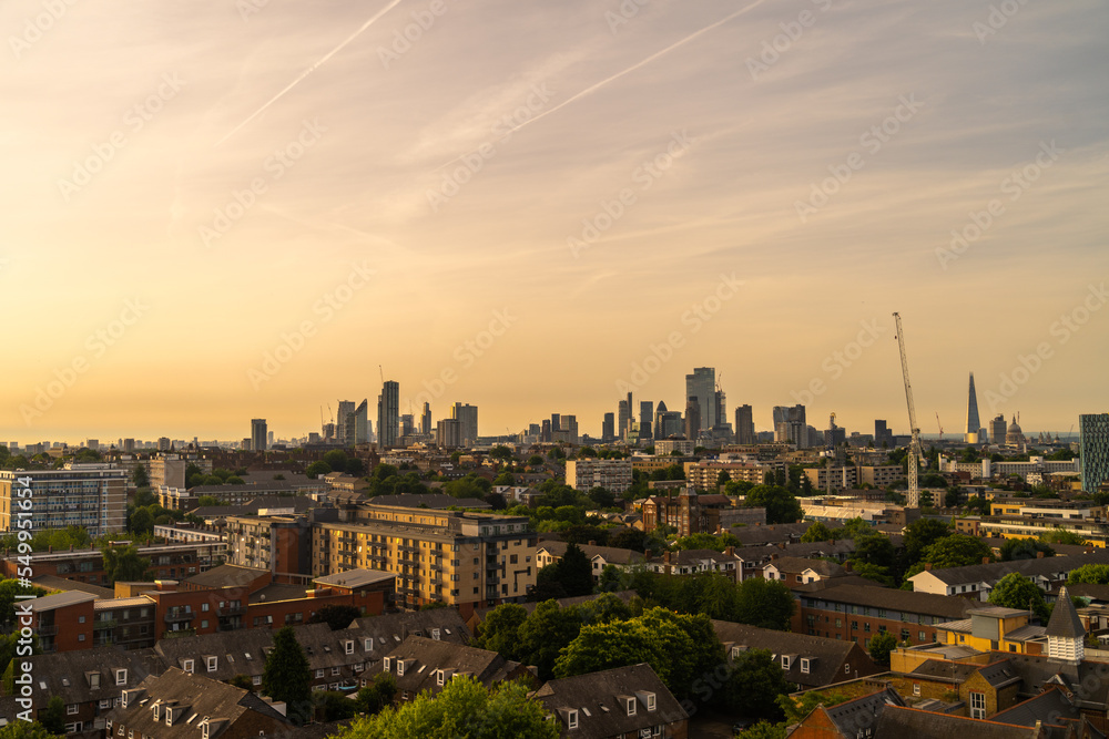 Elevated View of London Skyline during sunset, UK