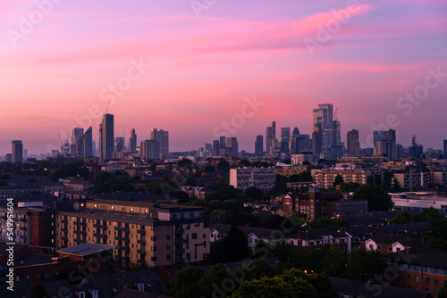 Elevated View of London Skyline during sunset  UK