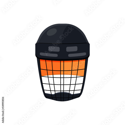 Black-orange helmet on a white background. Equipment. Protection of the face from injury. Hockey. Vector Stock illustration. Winter games. Isolated