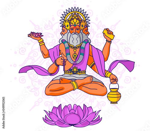 Gods of hinduism Lord Brahma. The main Hindu deity. Creator of the universe. Vector illustration