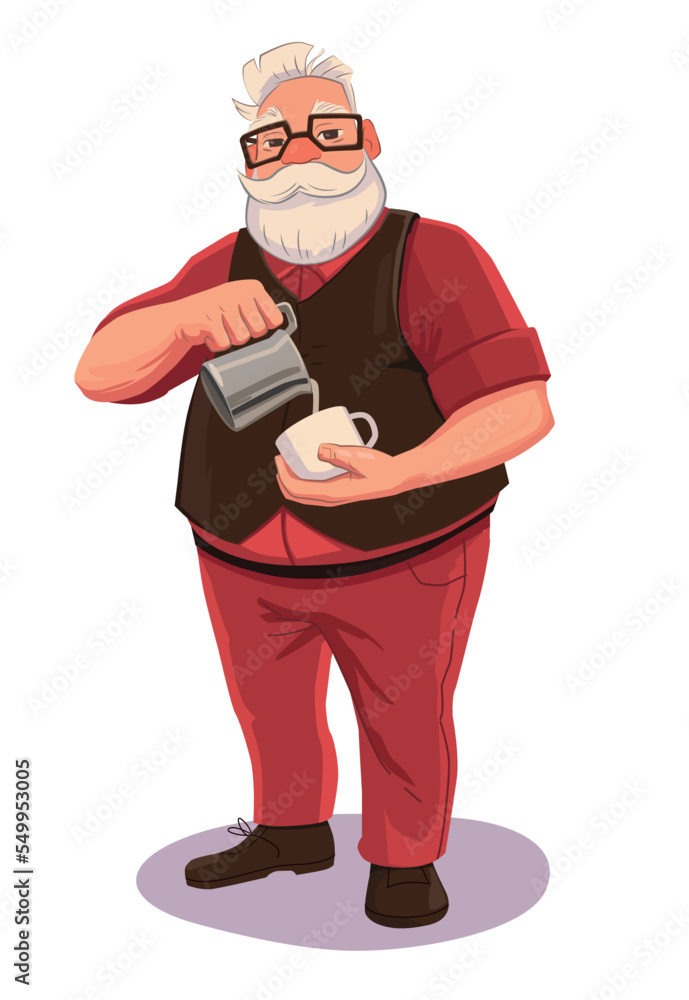 Character christmas Illustration barista santa claus standing with coffee. Vector cartoon illustration isolated on white background. Character christmas Illustration barista santa claus standing with coffee. Vector cartoon illustration isolated on white background.