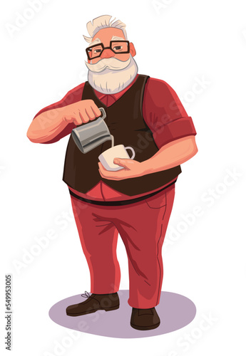 Character christmas Illustration barista santa claus standing with coffee. Vector cartoon illustration isolated on white background.