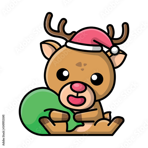 A CUTE REINDEER WITH A SANTA HAT IS CARRYING A PRESENT BAG