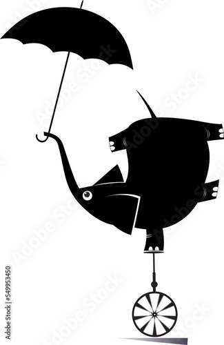 Elephant riding on the unicycle. 
Funny elephant with umbrella balances on the unicycle. Black and white
