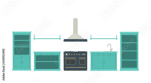 Provence style blue kitchen. Rustic interior concept. Wooden furniture. Cartoon flat style. Vector illustration