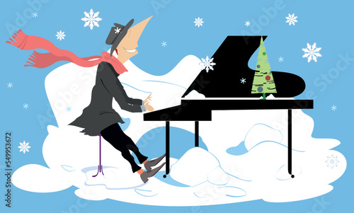 Winter. Snow. Man playing piano. 
Winter concert. Snowflakes. Smiling pianist playing music with inspiration

