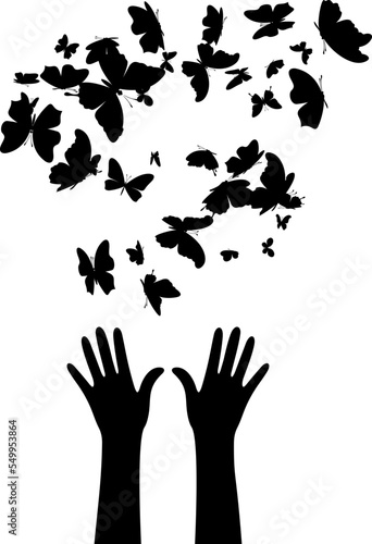 Hands with flying up butterflies . Vector isolated decoration element from scattered silhouettes. Conceptual illustration of group community and social organization.