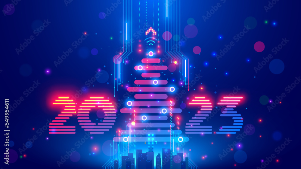 Christmas poster with christmas tree, digits 2023 in electronic technology style. New year, merry christmas congratulations card in cyber computer design. Tech digital banner of event in 2023 year. - obrazy, fototapety, plakaty 