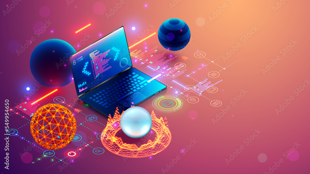 Software development. Programming, coding, software testing on laptop ...