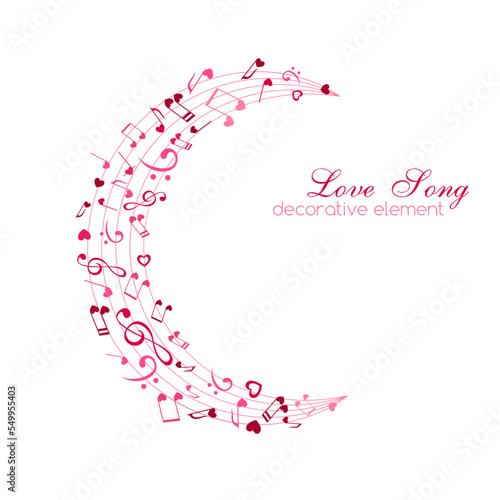 Notes and hearts on the moon shape path. Love Music decoration element isolated on the white background.