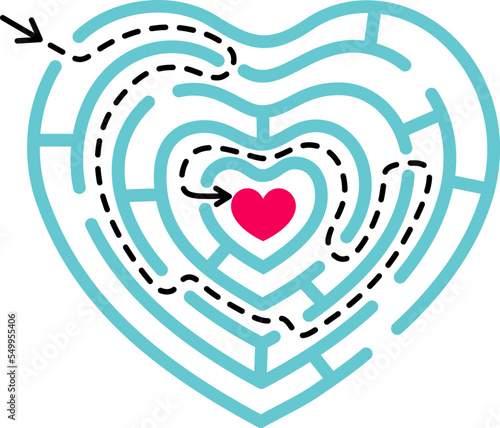 Heart shape maze with logic path from start to finish point. Symbol of labyrinth.