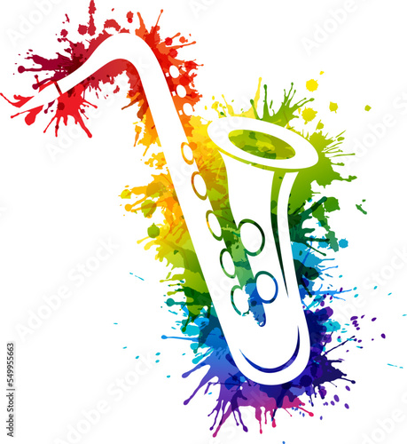 Creative rainbow musical illustration. Vector decoration element with white saxophone silhouette and rainbow paint splashes