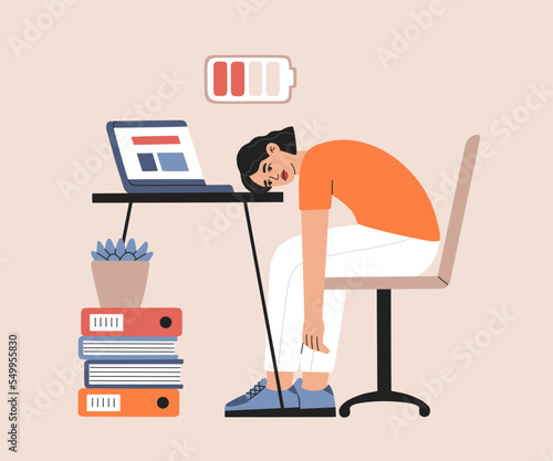 Sleepy woman with low energy sits by the table with laptop, overworked and needs rest. Exhausted burnout office worker. Hand drawn vector illustration isolated on color background, flat cartoon style