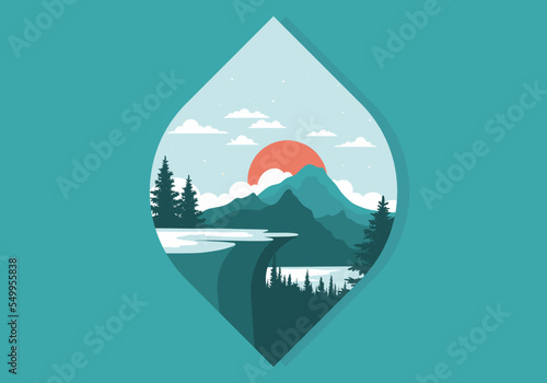 Landscape illustration of a rock cliff above a pine forest with mountain and lake views