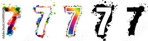 7 numbers with rainbow and black paint splash decorative elements. Colorful 7 number emblems collection. Vector illustration in artistic style.