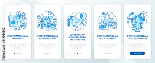 Examples of cognitive bias blue onboarding mobile app screen. Walkthrough 5 steps editable graphic instructions with linear concepts. UI, UX, GUI template. Myriad Pro-Bold, Regular fonts used