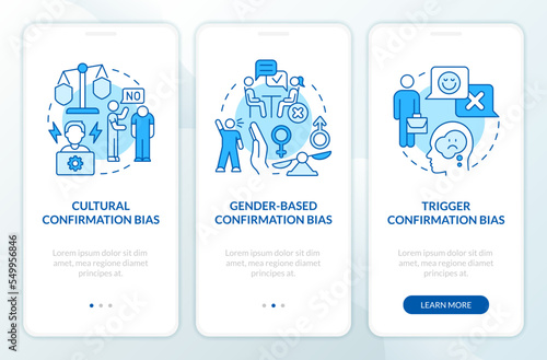 Confirmation bias in interviewing blue onboarding mobile app screen. Walkthrough 3 steps editable graphic instructions with linear concepts. UI, UX, GUI template. Myriad Pro-Bold, Regular fonts used