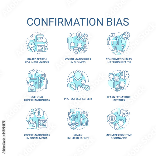 Confirmation bias turquoise concept icons set. News literacy. Information research idea thin line color illustrations. Isolated symbols. Editable stroke. Roboto-Medium, Myriad Pro-Bold fonts used
