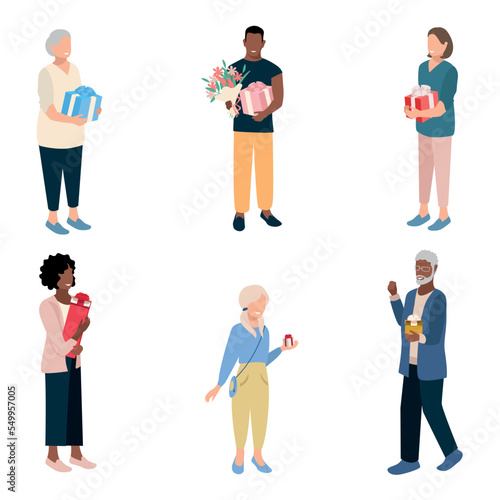 Happy people with gifts in their hands. A set of vector illustrations of friendly people of different ages in a simple style. Shopping, sale and holiday greetings.