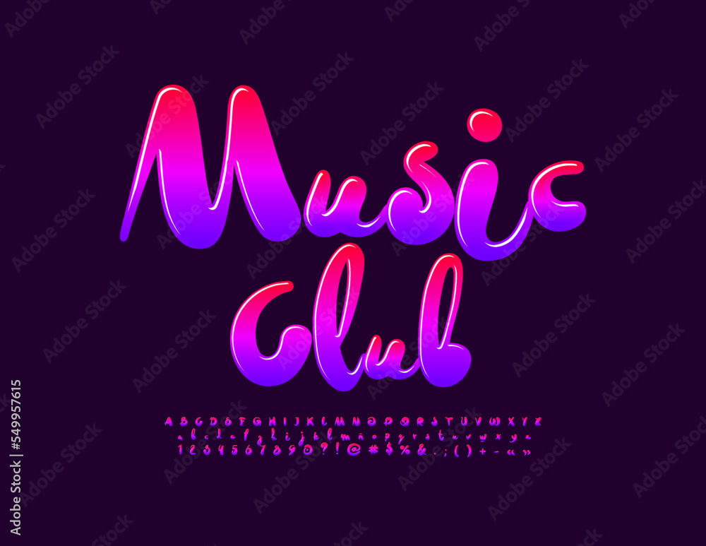 Vector creative emblem Music Club.  Colorful Glossy Font. Modern bright Alphabet Letters and Numbers set