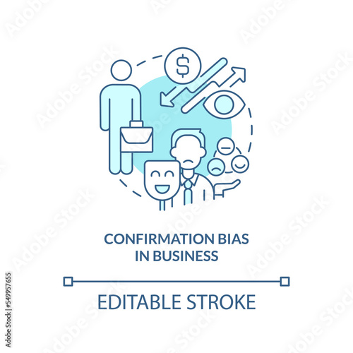 Confirmation bias in business turquoise concept icon. Unconscious prejudice example abstract idea thin line illustration. Isolated outline drawing. Editable stroke. Arial, Myriad Pro-Bold fonts used
