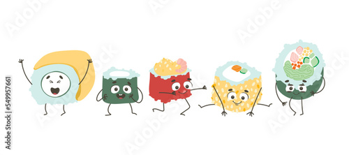 spring rolls cartoon illustration. funny positive rolls cute sushi icons in kawaii style. emotion, joy