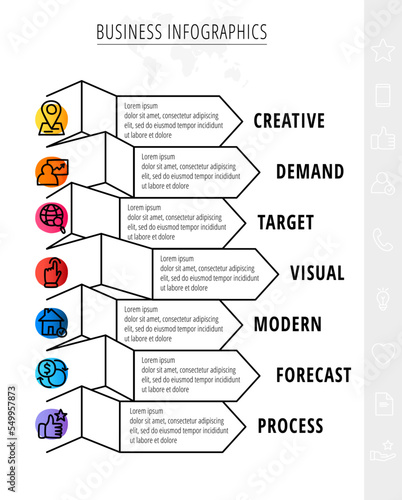 Vector ribbon infographics with 7 icons. Line graphic process template with seven steps. Graphic timeline for app, website, interface, levels, diagram, banner, presentations