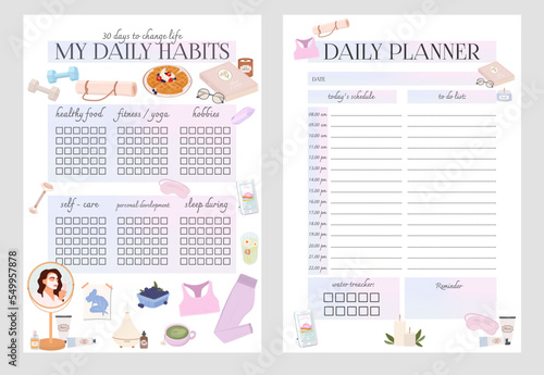 Collection of planner and daily habits check list. Schedules and daily routines. Editable vector illustration.