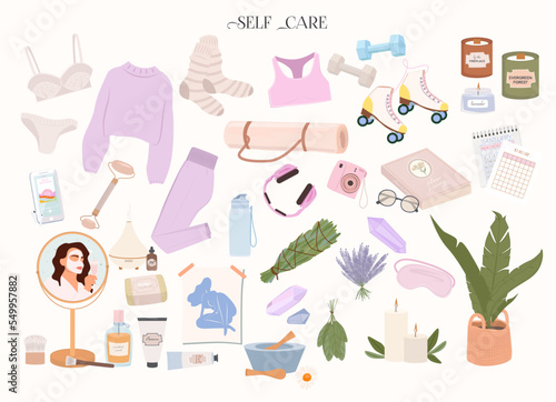 Collection of self-care elements. Everyday routine and rituals. Yoga and sports equipment. Cosmetics and outfits. Editable vector illustration. photo
