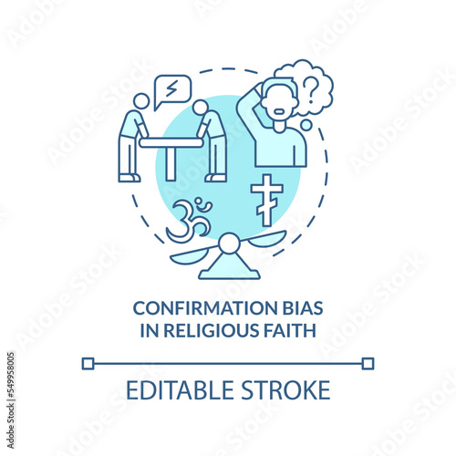 Confirmation bias in religion turquoise concept icon. Cognitive prejudice abstract idea thin line illustration. Isolated outline drawing. Editable stroke. Arial, Myriad Pro-Bold fonts used