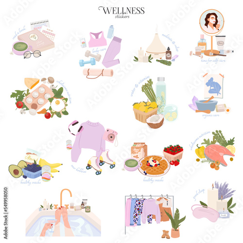 Wellness stickers collection with self care, yoga, healthy food and mental health elements. Editable Vector illustration.