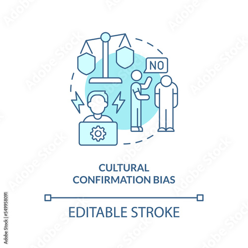 Cultural confirmation bias turquoise concept icon. Unconscious prejudice in hiring abstract idea thin line illustration. Isolated outline drawing. Editable stroke. Arial, Myriad Pro-Bold fonts used