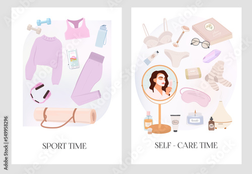 Collection posters of Spot time and Self care time. Body care, Self love, Mental health inspiration poster. Editable vector illustration.