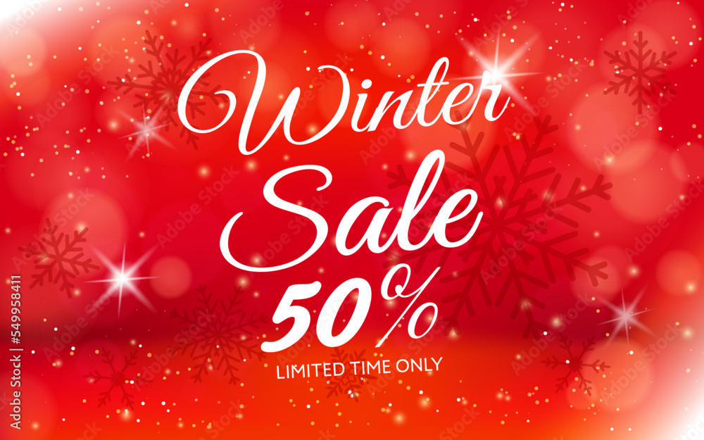 ウィンターセール　暖かい　冬のデザイン　星と雪の結晶と赤い背景　Winter background design