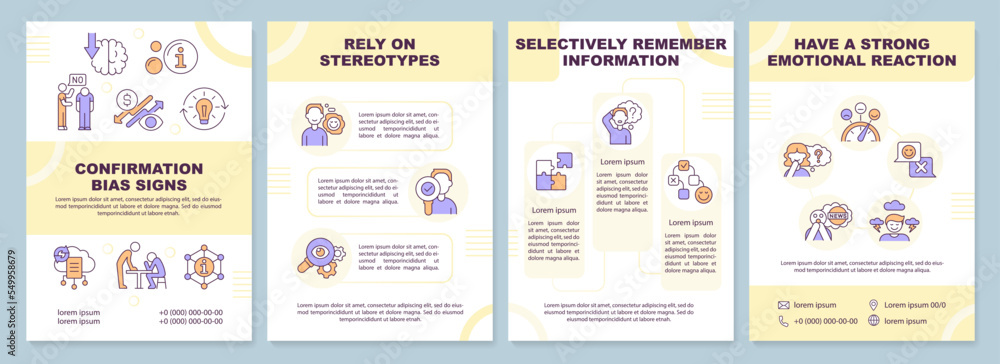Confirmation bias signs brochure template. Decision making. Leaflet design with linear icons. Editable 4 vector layouts for presentation, annual reports. Arial-Black, Myriad Pro-Regular fonts used