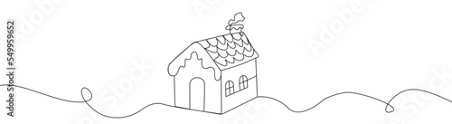 Cute house one line . One continuous line drawing of winter house.Winter landscape.Smoke coming from house